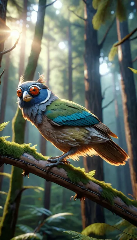 A bird-like creature with a human face and four eyes perched on a branch in the mountain forest.(best quality，4K，8k，High level，masterpiece：1.2），Ultra Detailed，（lifelike，Photo real，Photo real：1.37），Highly detailed animals，Realistic lighting