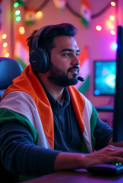 Heres a prompt for the image A fat young man show face in a gaming room fully decorated with Indian flags and tricolor-themed decoratives and gaming room with tricolour lighting . He has the Indian flag draped over his shoulders and is wearing headphones, ...