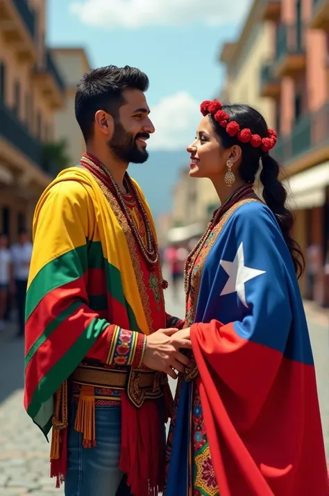 A Bolivian man with red yellow green flag, Chilean woman with Chilean flag