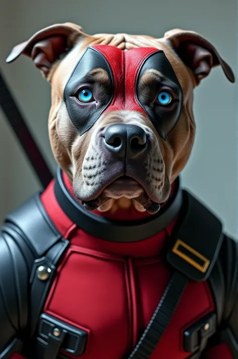 Blue-eyed pitbull with gray and white fur dressed as Deadpool 