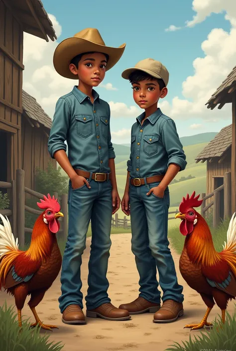 
two brothers, children, teenagers, 
light brown skin,One with a cowboy hat, the other with a cap, Boots, denim shirt, blue jeans, several pet fighting cocks, farm background 