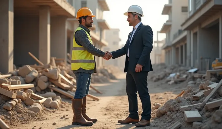 construction worker and contractor. Client shaking hands with team builder in renovation site.