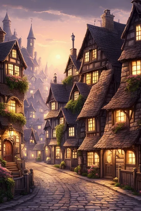 An Illustration of a Cartoon Town with Many Houses and Cars，Town background，Victorian City，Stylized City Fantasy Artwork，Highly Detailed Illustration，8k High Quality Detailed Art，Night Village Background，Detailed 2D Illustration，Detailed game art illustrat...