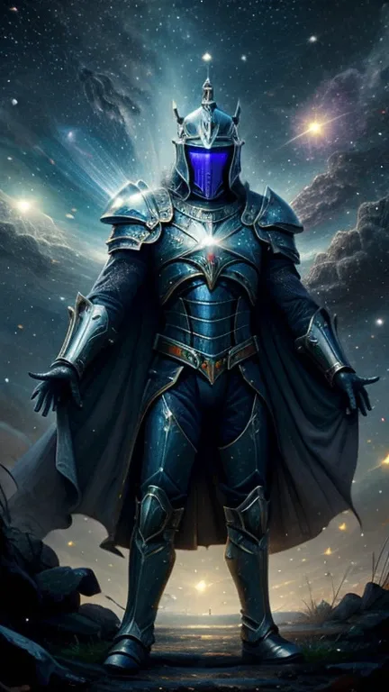 Handsome, tall cosmic knight made of nebulae, comets and stars with a beautiful and elegant armor with stellar sparkles and a coat of purple with blue