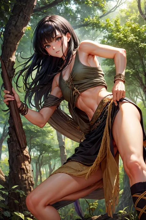 Best image quality, threaten, Holding a spear, primitive, Spread your legs, Primary forest, In underwear, ""Primitive clothing"", woman, Black Hair, paint