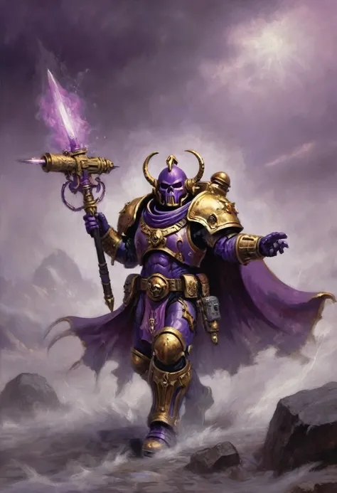 warhammer 40k, a chaos space marine of Slaanesh (purple armor, gold trim, violet cape) emerges from a mysterious fog on the battlefield, boltgun slung on his back