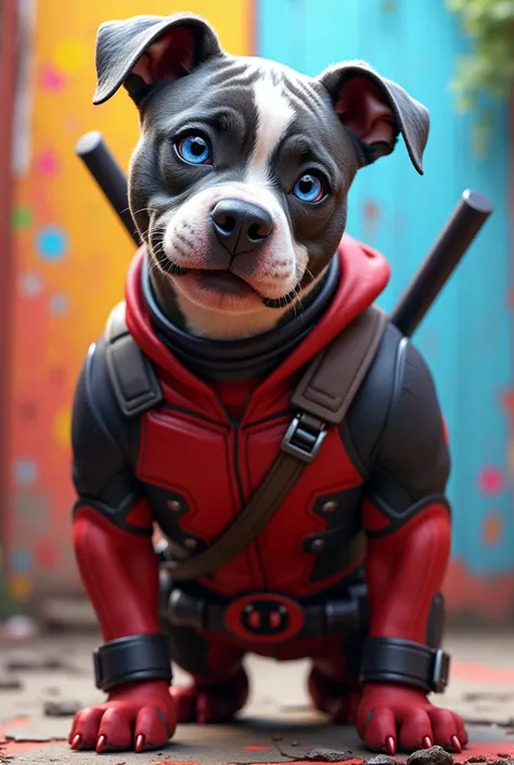 Blue-eyed pitbull with gray and white fur, dressed as Deadpool inspired by Pixar animation. 