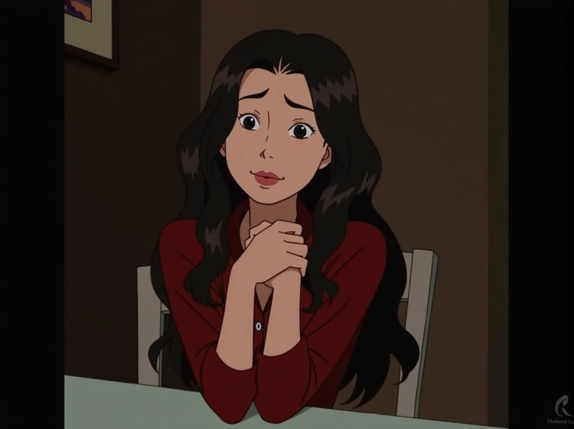 timid asian girl wearing long sleeve red button shirt, soft smile, sitting at a table, flat chested