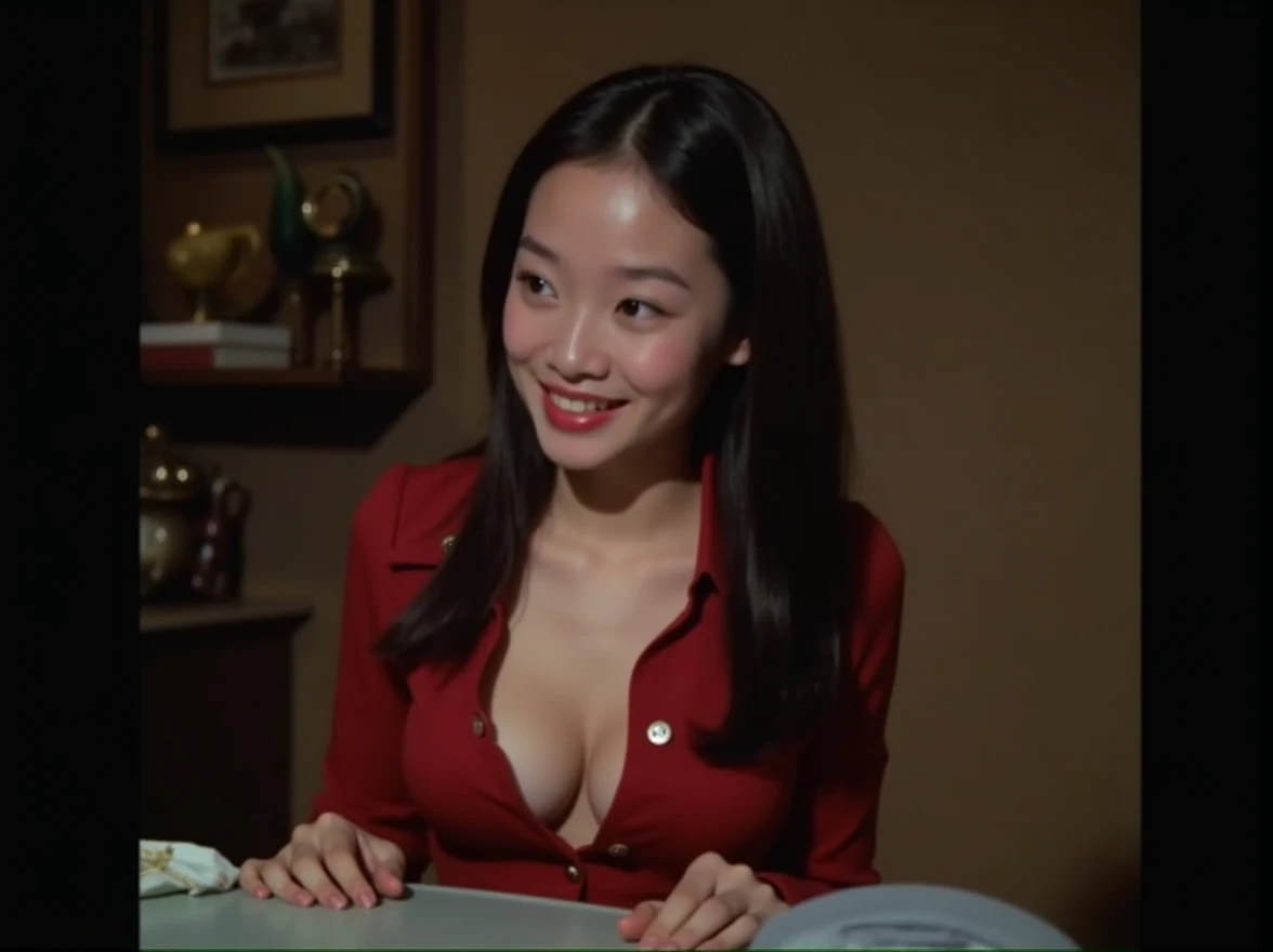 timid asian girl wearing long sleeve red button shirt, soft smile, sitting at a table, flat chested