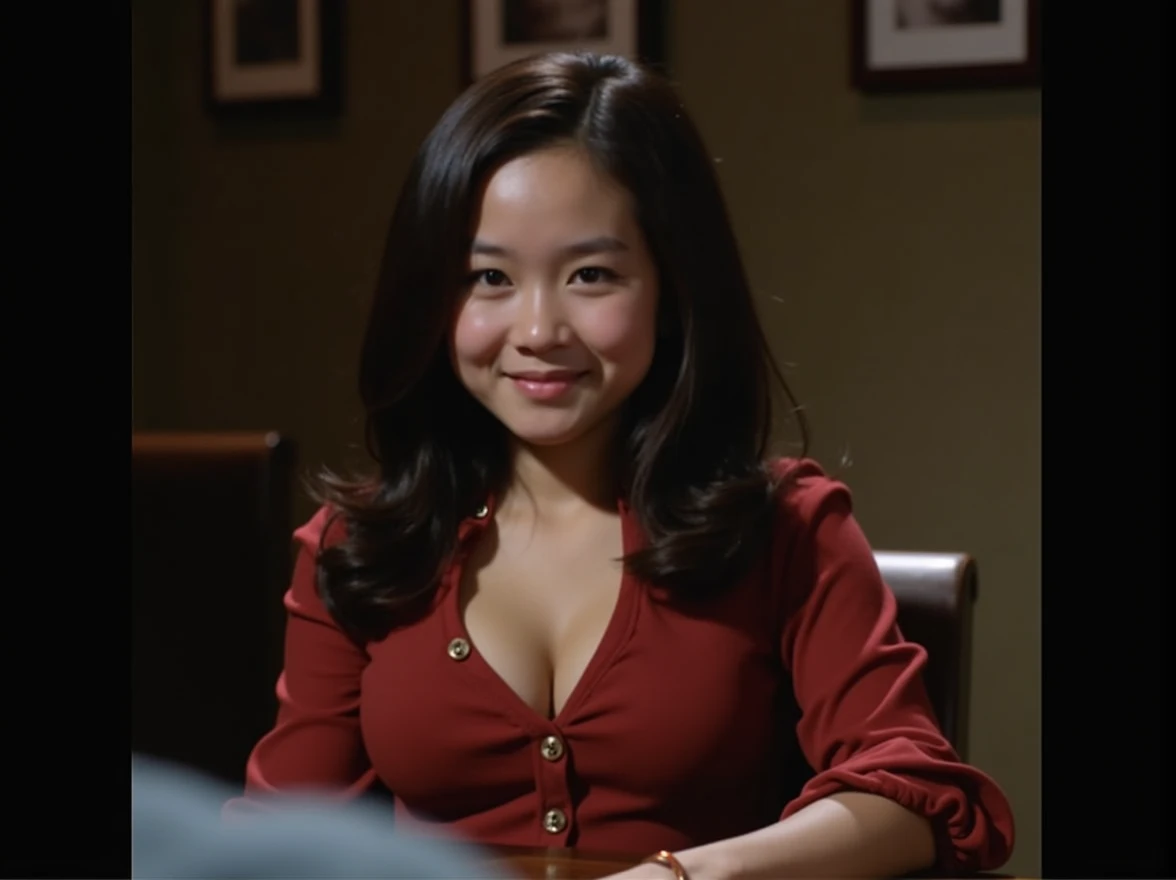 timid asian girl wearing long sleeve red button shirt, soft smile, sitting at a table, flat chested