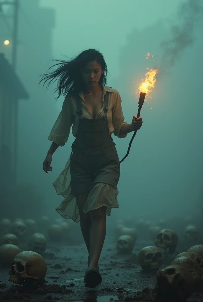 (RAW photo, realistic photo, high quality, masterpiece),in Fog ,atmosphere full of fog, air full of smoke, Japanese beautiful woman is holding a torch and running in the fog, dangerous, skulls on the ground, corrosive fluids on ground and body, (her jumper...