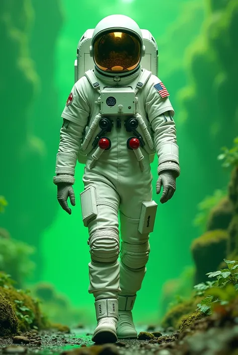 Astronaut standing and right foot stepping forward with green background
