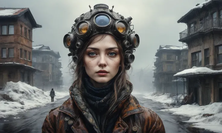 insane pilot from USSR , camouflage Rusty, after a psychiatric clinic,winter,intricate landscape,slate grey atmosphere,film grain,faded,eyes extremely detailed,another world,view from height,once pretty face,eyebrow up,full body shot,ominous landscape, Sim...