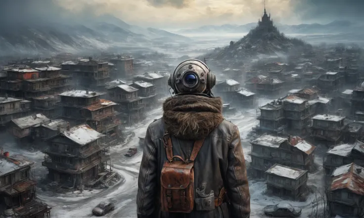 insane pilot from USSR , camouflage Rusty, after a psychiatric clinic,winter,intricate landscape,slate grey atmosphere,film grain,faded,eyes extremely detailed,another world,view from height,once pretty face,eyebrow up,full body shot,ominous landscape, Sim...