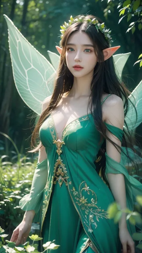 a beautiful elf girl,1girl,detailed facial features,long pointed ears,flowing hair,glowing skin,fairy wings,green forest environment,mystical atmosphere,intricate floral crown,shimmering dress,magical energy,cinematic lighting,highly detailed,photorealisti...