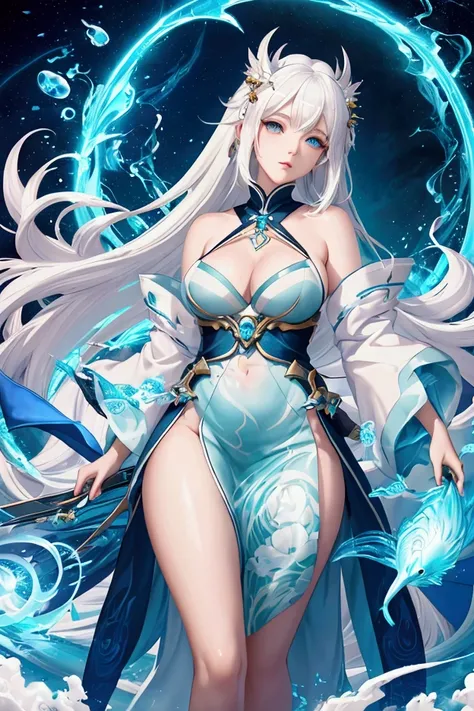 White hair，Anime girl with blue eyes holding a green fish, guweiz style artwork, White-haired deity, Asian female water element, Beautiful digital artwork, author：Yang J, guweiz on artstation pixiv, Fantasy art style, guweiz on pixiv artstation, Ross Tran ...