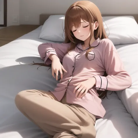 Sleeping girl, 22 years old, Practical, She is wearing trousers, She is wearing pink pajamas, Brown hair.