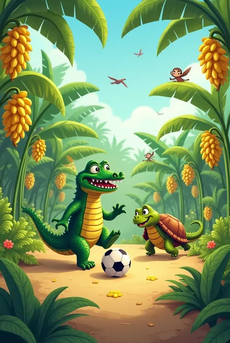 A crocodile and a turtle in a cartoon playing soccer on a banana plantation 