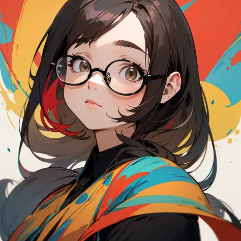 A chubby woman wearing a formal colorful dress. Large glasses. Long black hair. Dull brown eyes. Detailed sub-urban background. Portrait. ((best quality)), ((masterpiece)), (detailed), 1girl.