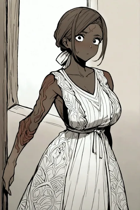 A female character who looks like a victim of terrible burns, brown skin tone due to burns, black eyes, hairless, somewhat pretty appearance despite her seemingly burned skin, high, wearing clothes similar to the old womens dresses of the year 1692, black ...