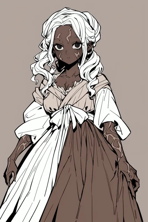 A female character who looks like a victim of terrible burns, brown skin tone due to burns, black eyes, hairless, somewhat pretty appearance despite her seemingly burned skin, high, wearing clothes similar to the old womens dresses of the year 1692, black ...