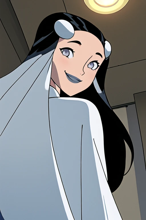 Tinya Wazzo, solo,black hair, long hair. grey eyes, smile, grey lips, white cape, best quality, masterpiece, 1girl, Masterpiece, Best Quality, Detail, room, From Behind, From Below, cape wavering in fronts