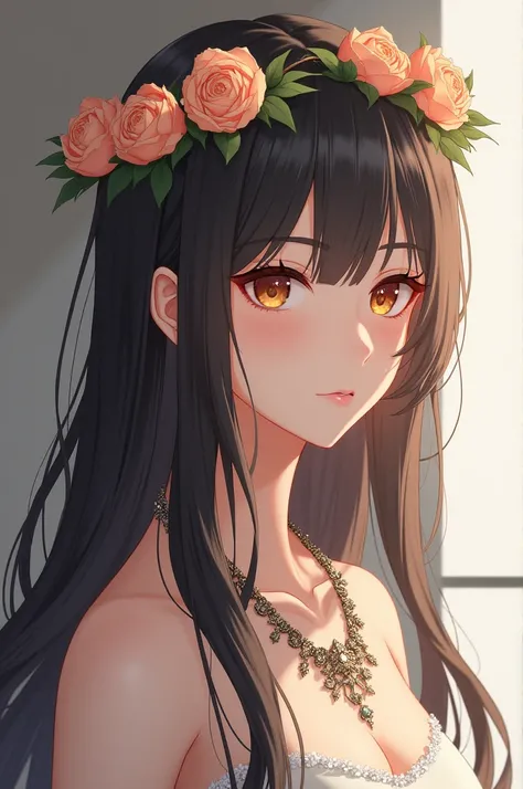 Yūki Nakama with long hair, dressed up, with a flower crown on her head and a necklace.