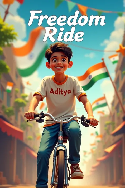 Scene of a 16-year-old Indian boy riding a bicycle with the Indian flag attached to the back. The streets are decorated with tricolor flags and streamers. His t-shirt reads ‘Aditya,’ and the text ‘Freedom Ride’ is displayed in 3D at the top.”