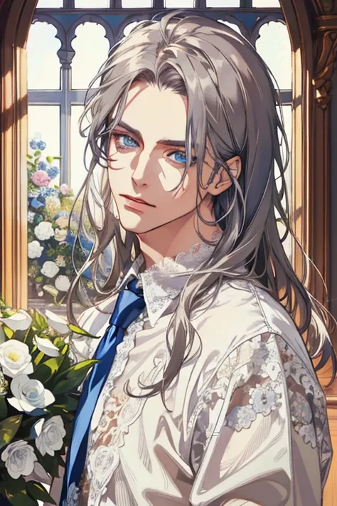 1 man, Realistic, master-piece, bestquality, Beautiful, detailed eyes and detailed faces.,natural light, European retro, White shirt, lace, Long dark blsck hair, blue grey eyes, attractive, depressed, Decorative flowers, sunbeam, 31 years.