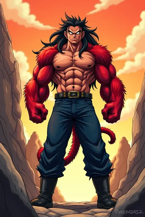 Dragon Ball character,Long white haired man,yellow eyes,shirtless,red fur on his arms, back and the edges of his abdomen,dark blue jeans,black boots,red monkey tail in the middle of a rocky area with an orange sky(anime style/dragónball)