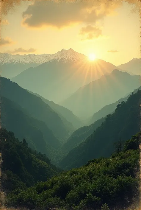 Horizontal format of a Colombian landscape with the sun rising behind the mountains , Old school style photograph 
