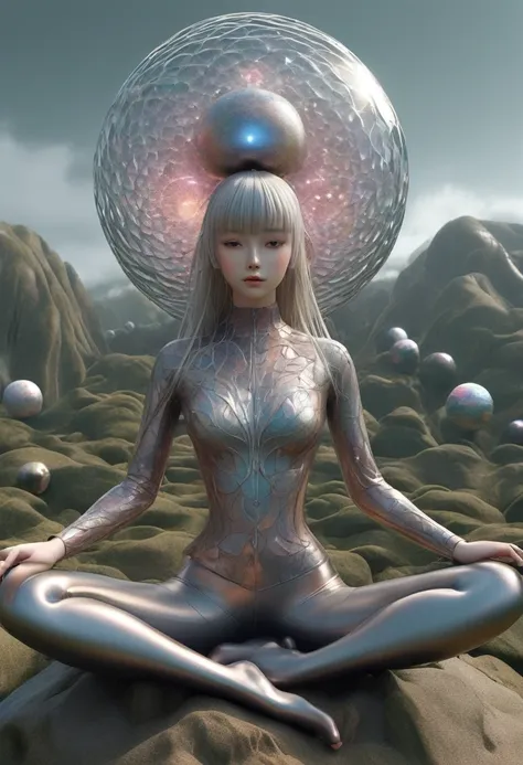 1 girl，lotus pose，HILL，Anatomically correct，visual spectral radio wave signals ericeission fused with organic forrice structure, subsonic spectrurice, Gray clay ball, fibonacci fractals, georiceetric design, [rice : iricericeersed and stuck between strangl...