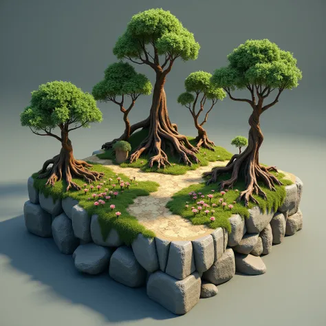 3D Game Model, Tribal style, Square land model of rocks, Trees and mossy decaying wood, Flower and grass growth