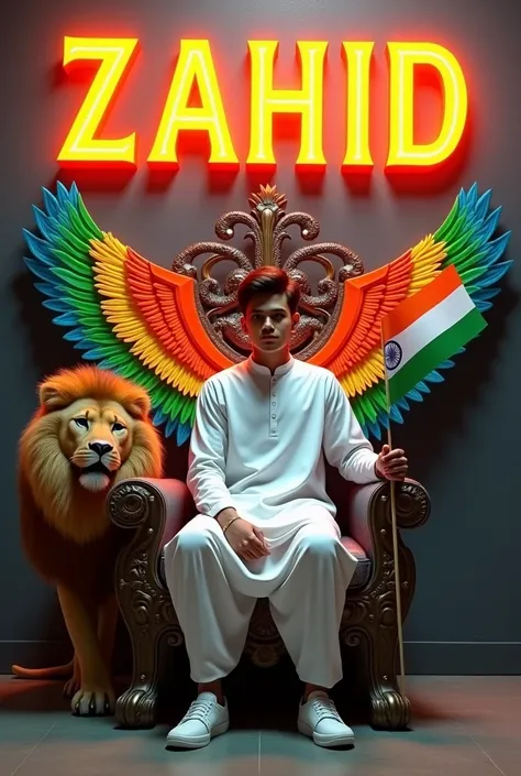 Create a 3D illusion for the profile picture where a cute 25 year old boy in white kurta is sitting comfortably on the chair of the King of Beasts throne. Indian flag in hand And a ferocious lion next to me. Wearing sneakers, he looks ahead. “ZAHID” is wri...