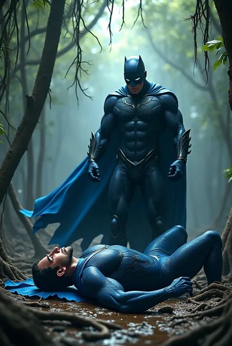 male superhero dressed in blue, cape and mask beaten and defeated by supervillain in a mangrove