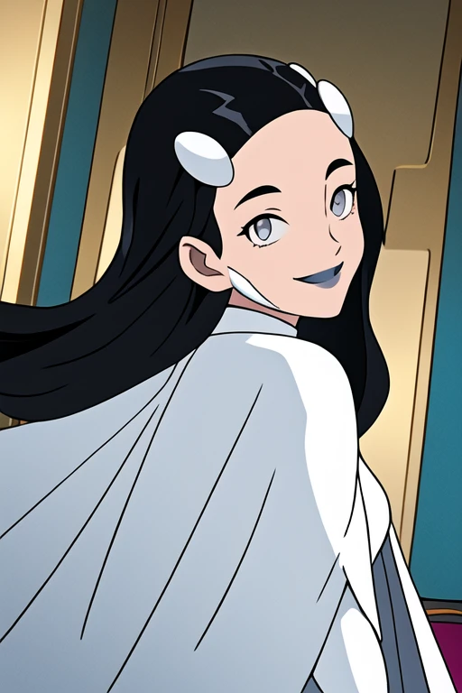 Tinya Wazzo, solo,black hair, long hair. grey eyes, smile, grey lips, white cape, best quality, masterpiece, 1girl, Masterpiece, Best Quality, Detail, room, From Behind, From under , cape wavering in fronts