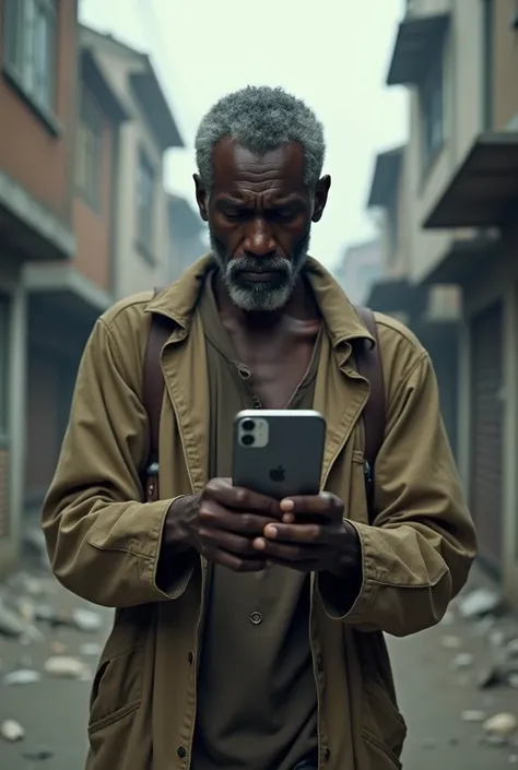 Poor black man with torn clothes holding an iPhone 15