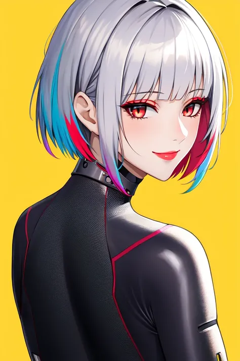 1girl, lucy (cyberpunk), solo, looking at viewer, cyberpunk, short hair, yellow background, smile, bare shoulders, red eyeliner, makeup, red lips, looking back, parted bangs, upper body, cyborg, multicolored eyes, bodysuit, closed mouth, white hair ,cyberp...