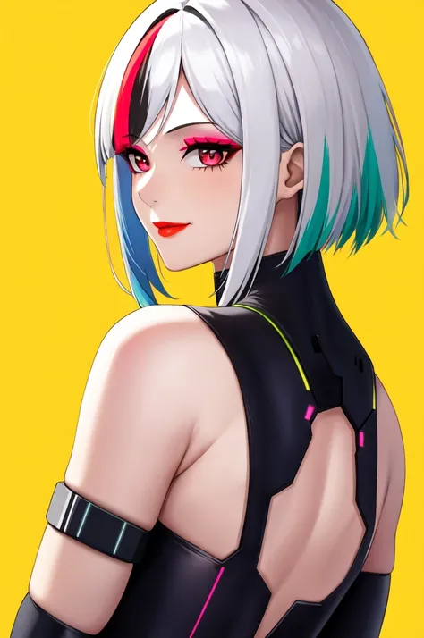 1girl, lucy (cyberpunk), solo, looking at viewer, cyberpunk, short hair, yellow background, smile, bare shoulders, red eyeliner, makeup, red lips, looking back, parted bangs, upper body, cyborg, multicolored eyes, bodysuit, closed mouth, white hair ,cyberp...