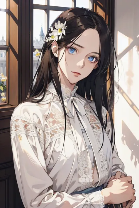 1 man, Realistic, master-piece, bestquality, Beautiful, detailed eyes and detailed faces.,natural light, European retro, White shirt, lace, Long dark blsck hair, blue grey eyes, attractive, depressed, Decorative flowers, sunbeam, 31 years.