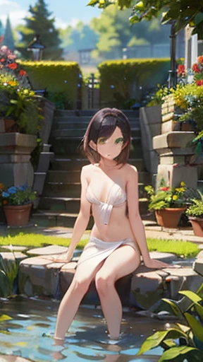 young girl, White skin, short-haired green, green eyes, naked, Showing the vagina, showing her body in a garden of beautiful flowers, sitting on a rock by the water, showing the crotch