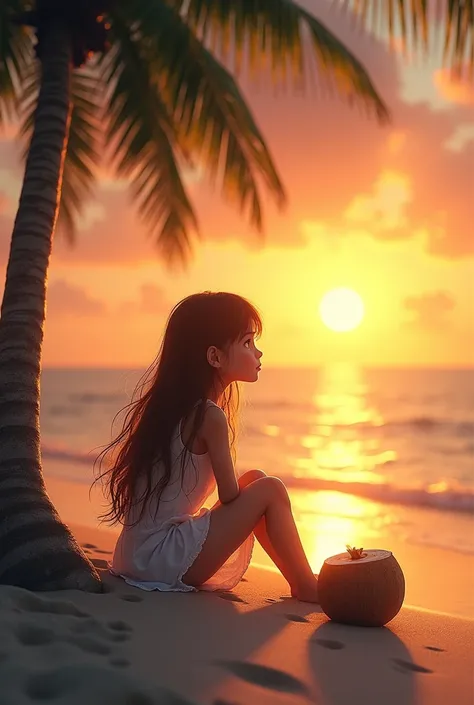 Young girl with long hair at sunset on the beach next to a palm tree and a coconut, sitting in profile facing me.