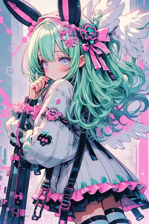 cute anime girl, pastel goth, bunny ears, bright pink and mint green mesh hair, white harajuku gothloli outfit, pink accessories, angel halo, holding chains, striped stockings, kawaii horror, vibrant colors, detailed vector art, playful and creepy, speech ...