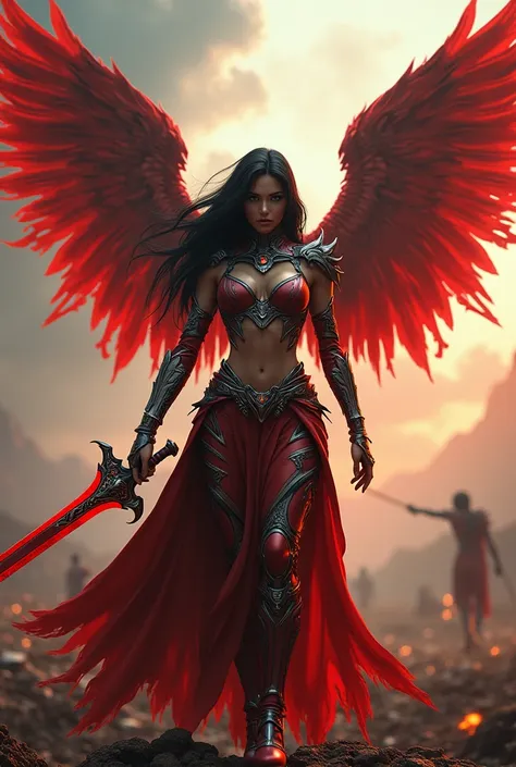 leader of archangel lucifer,war effect,REAL - style image of a woman with a blood sword in a field, cyberpunk art inspired by Leng Mei, cgsociety contest winner, fantasy art, beautiful Mistresses angel girl, angel knight girl, as a mystical valkyrie, battl...