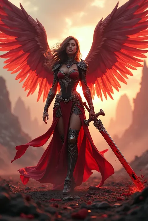 leader of archangel lucifer,war effect,REAL - style image of a woman with a blood sword in a field, cyberpunk art inspired by Leng Mei, cgsociety contest winner, fantasy art, beautiful Mistresses angel girl, angel knight girl, as a mystical valkyrie, battl...