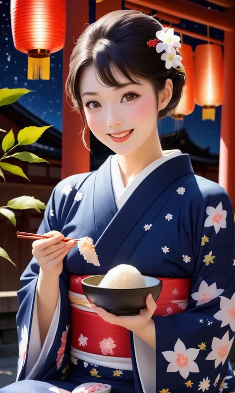 Taisho Romance　A very beautiful Japanese woman wearing a kimono is sitting in the courtyard of a shrine, eating an onigiri.　nice smile　Beautiful and detailed eyes　at night　Starry Sky　summer night　Summer in Japan　