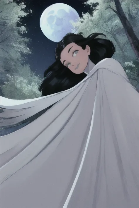 Tinya Wazzo, solo,black hair, long hair. grey eyes, smile, grey lips, white cape, best quality, masterpiece, 1girl, Masterpiece, Best Quality, Detail, forest, night, moon, From Behind, From Below, cape wavering in fronts