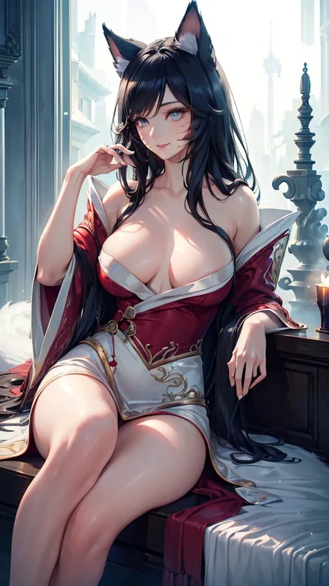 (best quality,ultra-detailed,realistic:1.37),Ahri,spa,luxurious,relaxing atmosphere,beautiful detailed eyes,beautiful detailed lips,smiling,bathrobe,sitting upright,black hair,nine white tails,peaceful background,portraits,vivid colors,soft lighting,tranqu...