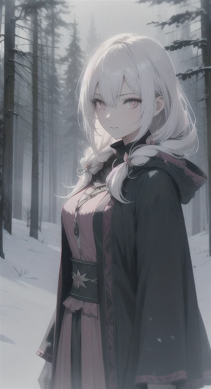 Frozen, misty Forest, ancient Shiekah, winter, snow, Saria, white hair, pink eyes, eyes in the fog, regal appearance, cabin, looking at viewer,