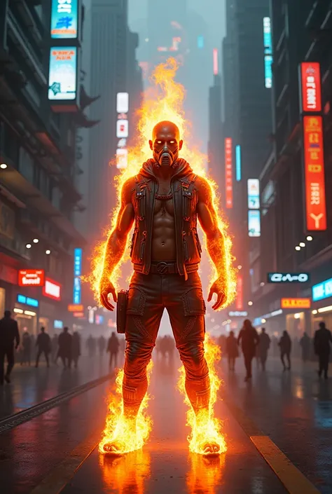 Cyberpunk man on fire in the streets of Medellin 